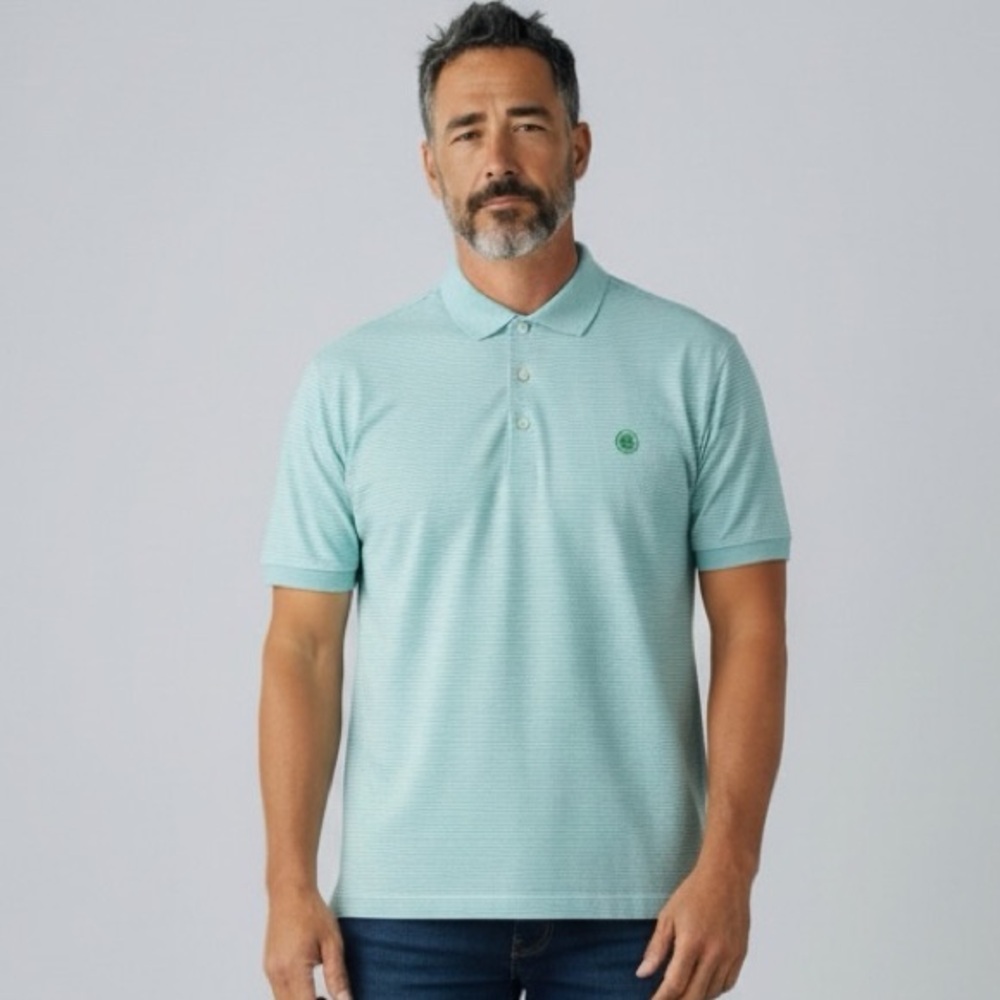 Peter Millar Summer Comfort Green and White Stripped Polo Golf Shirt -Size Large